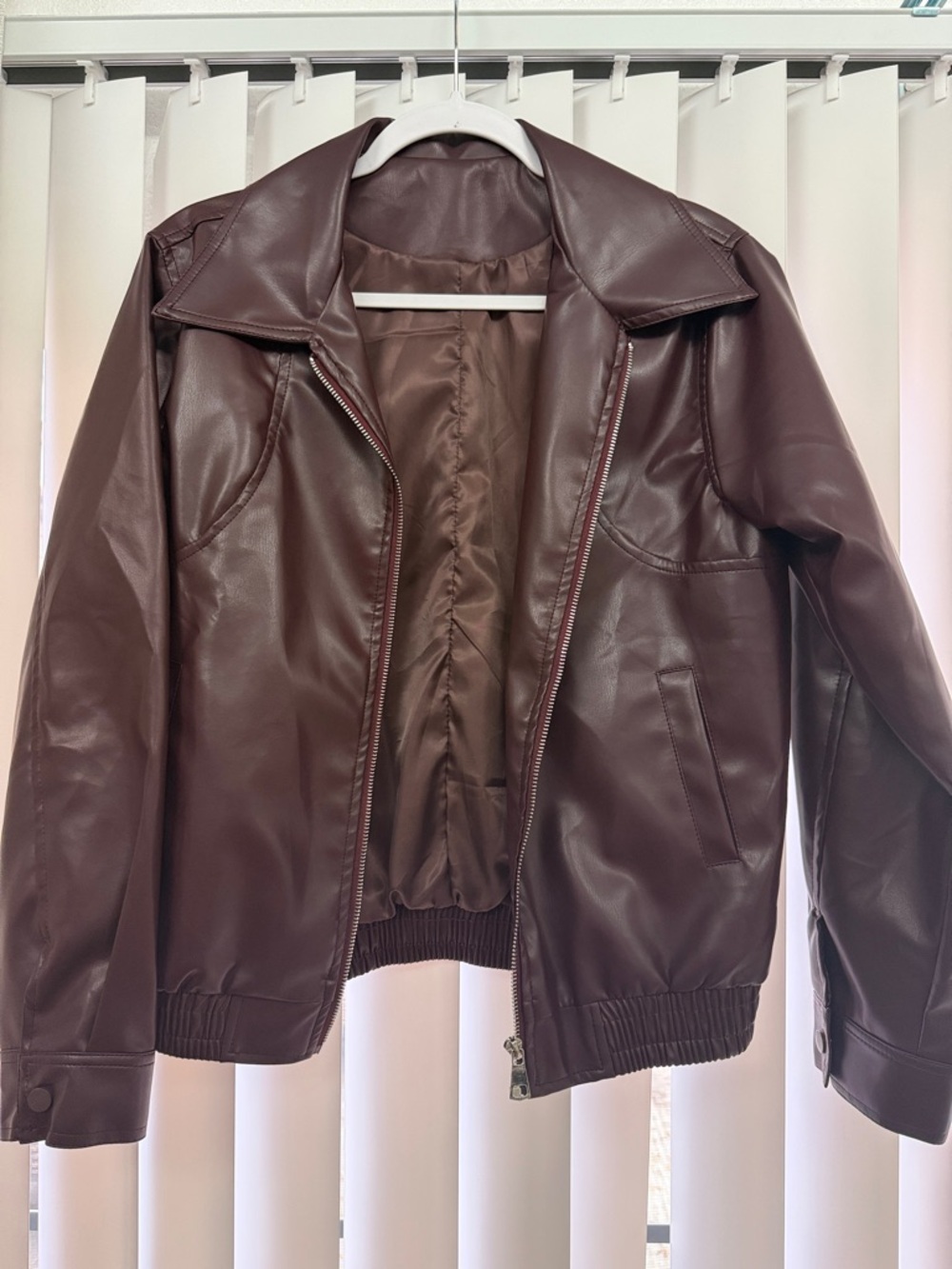Faux Leather Bomber Jacket in Deep Burgundy